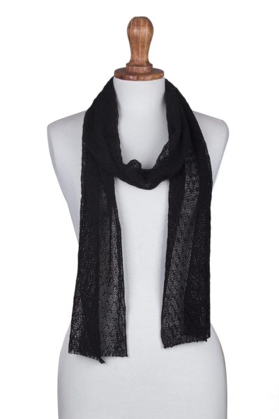 100% baby alpaca scarf, 'Elegant Road' - Hand-Crocheted 100% Baby Alpaca Scarf in Black from Peru