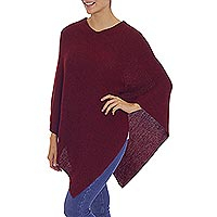 Knit Wine Colored 100% Alpaca Poncho from Peru,'Enchanted Evening in Wine'
