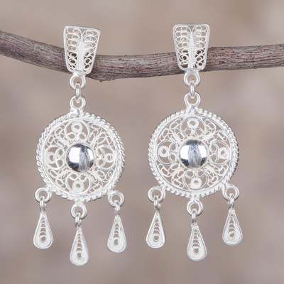 Sterling silver filigree chandelier earrings, 'Sparkling Full Moons' - Sterling Silver Filigree Circular Chandelier Earrings