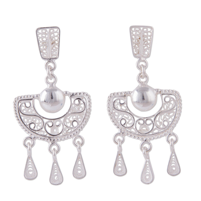 Sterling silver filigree chandelier earrings, 'Sparkling Half-Moons' - Sterling Silver Filigree Semicircle Chandelier Earrings