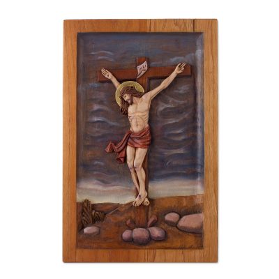 Cedar wood relief panel, 'Christian Redemption' - Handcrafted Cedar Wood Christian Relief Panel from Peru