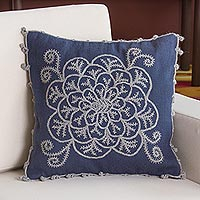 Alpaca blend cushion cover, 'Lovely Azure' - Alpaca Blend Floral Cushion Cover in Azure and Smoke