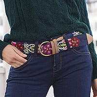 Leather accented wool and cotton belt, 'Flower Fashion' - Hand-Embroidered Wool Accent Floral Cotton Belt from Peru