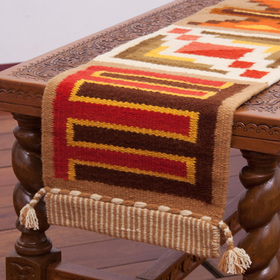 Camino de mesa de mezcla de lana - Camino de mesa geométrico de mezcla de lana tejido a mano de Perú