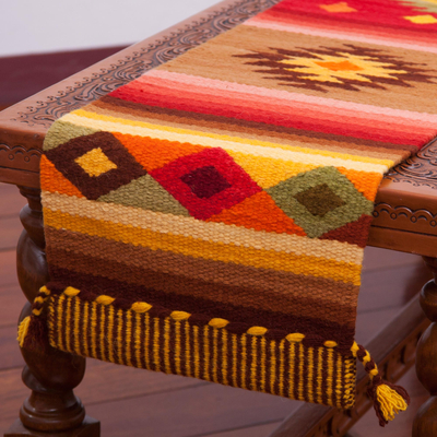 Wool blend table runner, 'Brilliant Sunset' - Artisan Crafted Wool Blend Geometric Table Runner from Peru