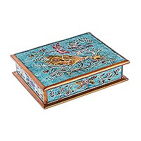 Reverse-painted glass decorative box, 'Dragonfly Sky' - Reverse-Painted Glass Dragonfly Box in Light Blue from Peru