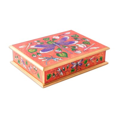 Reverse painted glass decorative box, 'Dragonfly World in Ginger' - Andean Reverse Painted Glass Dragonfly Box in Orange