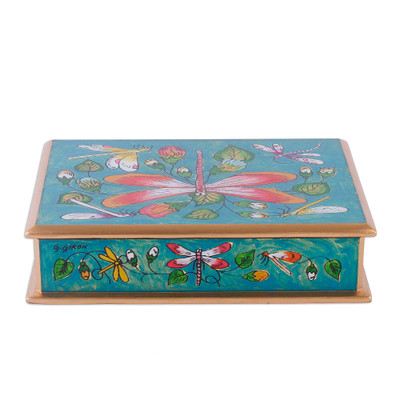 Reverse-painted glass decorative box, 'Dragonflies in Turquoise Skies' - Turquoise Andean Reverse Painted Glass Box with Dragonflies