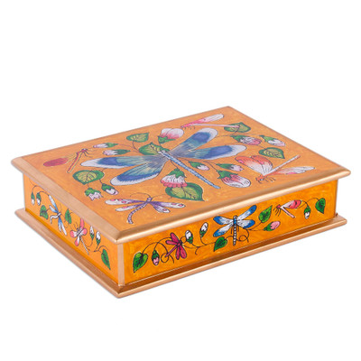 Reverse painted glass decorative box, 'Dragonfly World in Tangerine' - Andean Reverse Painted Glass Dragonfly Box in Tangerine