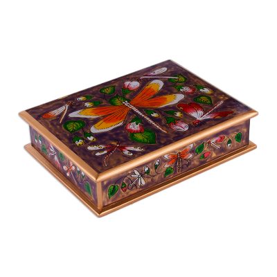 Reverse-painted glass decorative box, 'Dragonfly World in Purple' - Reverse-Painted Glass Dragonfly Box in Purple from Peru