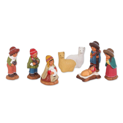 Ceramic nativity scene, 'Andean Birth' (set of 8) - Ceramic Andean Nativity Scene with Llamas from Peru (8 Pcs)