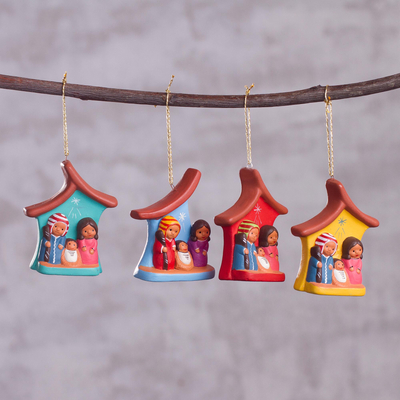 Ceramic ornaments, 'Household Nativity' (set of 4) - Four Hand-Painted Ceramic Nativity Ornaments from Peru