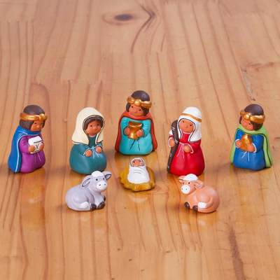 Ceramic nativity scene, 'Hebrew Nativity' (set of 8) - Hand-Painted Traditional Ceramic Nativity Scene from Peru