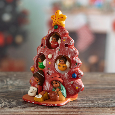 Ceramic nativity scene, 'Birth Beneath the Red Tree' - Ceramic Christmas Nativity Scene in Red from Peru