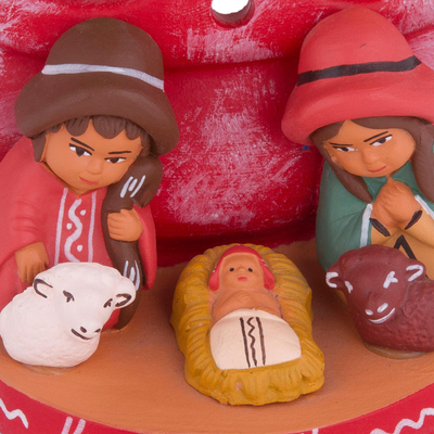 Ceramic nativity scene, 'Birth Beneath the Red Tree' - Ceramic Christmas Nativity Scene in Red from Peru