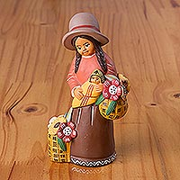 Ceramic sculpture, 'Andean Florist' - Hand-Painted Ceramic Sculpture of an Andean Woman from Peru
