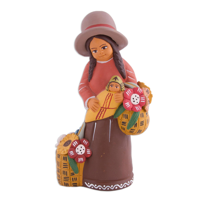Hand-Painted Ceramic Sculpture of an Andean Woman from Peru
