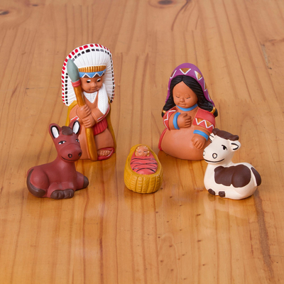 Ceramic nativity scene, 'Apache Nativity' (set of 5) - Painted Ceramic Native American Nativity Scene from Peru