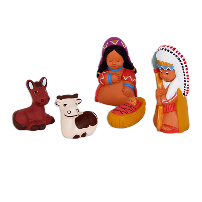Ceramic nativity scene, 'Apache Nativity' (set of 5) - Painted Ceramic Native American Nativity Scene from Peru