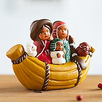 Ceramic nativity scene, 'Canoe Voyage' - Cultural Ceramic Nativity Scene on a Canoe from Peru