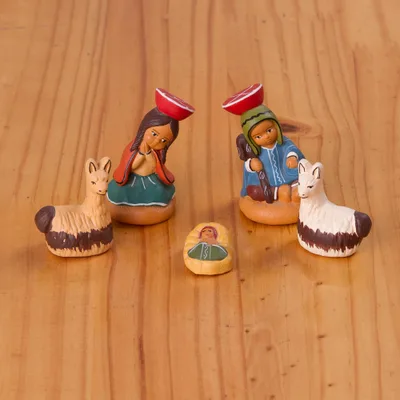 Ceramic nativity scene, 'Cuzco Birth' (set of 5) - Hand-Painted Ceramic Andean Nativity Scene from Peru