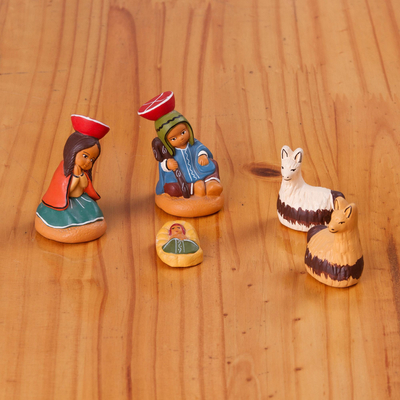Ceramic nativity scene, 'Cuzco Birth' (set of 5) - Hand-Painted Ceramic Andean Nativity Scene from Peru