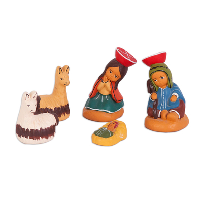 Ceramic nativity scene, 'Cuzco Birth' (set of 5) - Hand-Painted Ceramic Andean Nativity Scene from Peru