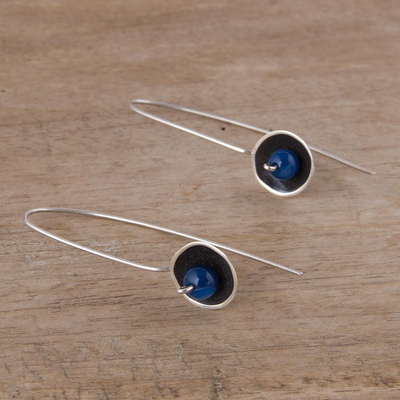 Agate drop earrings, 'Wondrous Galaxy in Blue' - Blue Agate and Sterling Silver Drop Earrings from Peru