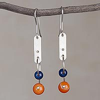 Agate dangle earrings, 'Blue Moon Orbit' - Colorful Agate and Sterling Silver Earrings from Peru