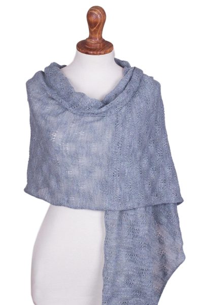 100% baby alpaca shawl, 'Powder Blue Princess' - Hand-Crocheted 100% Baby Alpaca Shawl in Blue from Peru