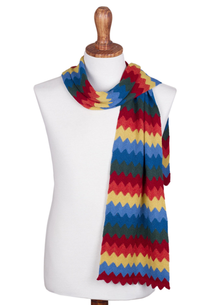 Alpaca blend scarf, 'Zigzag Rainbow' - Multicolored Zigzag Striped Alpaca Blend Scarf from Peru