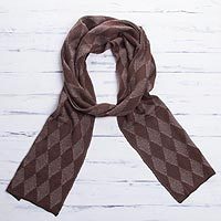 Men's alpaca blend scarf, 'Diamond Brown' - Men's Knit Alpaca Blend Scarf with Brown Diamond Patterns