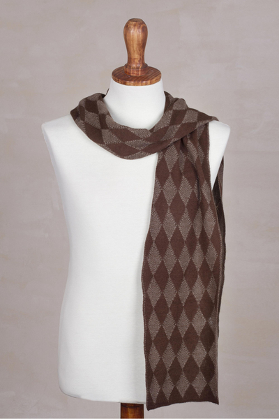 Men's alpaca blend scarf, 'Diamond Brown' - Men's Knit Alpaca Blend Scarf with Brown Diamond Patterns