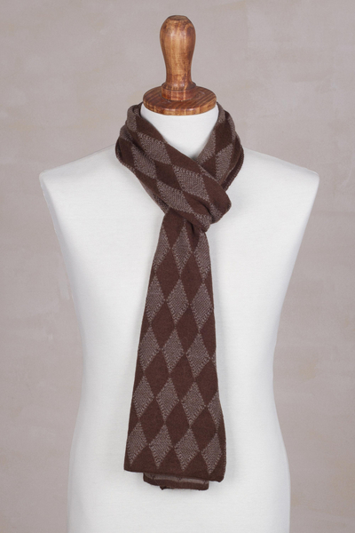 Men's alpaca blend scarf, 'Diamond Brown' - Men's Knit Alpaca Blend Scarf with Brown Diamond Patterns