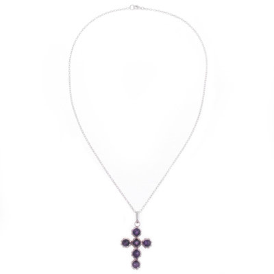 Amethyst pendant necklace, 'Faith Affirmation' - Handcrafted Six-Gemstone Amethyst and Silver Cross Necklace