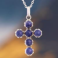 Sodalite cross necklace, 'Faith Affirmation' - Six-Gemstone Sodalite and Silver Handcrafted Cross Necklace