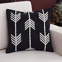 Wool cushion cover, 'Direction of the Wind' - Wool Cushion Cover with Arrow Motifs in Ivory and Black