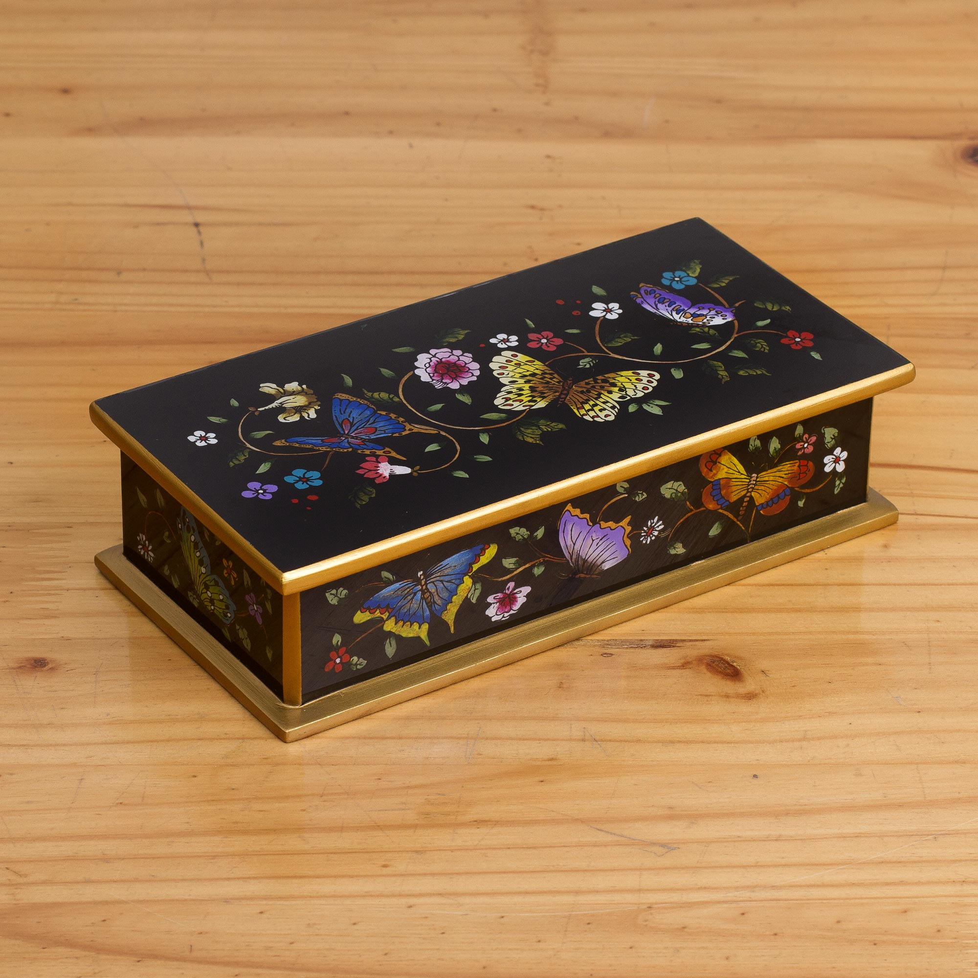 Reverse Painted Glass Butterfly Decorative Box in Black, 'Glorious  Butterflies in Black'