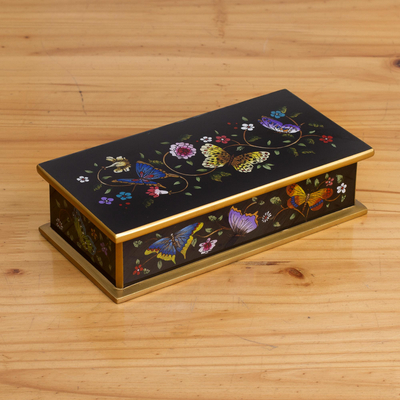 Reverse painted glass decorative box, Glorious Butterflies in Black
