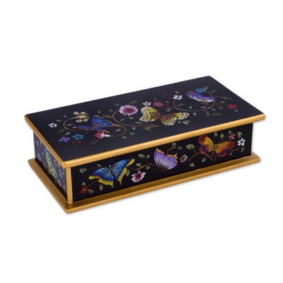 Reverse painted glass decorative box, 'Glorious Butterflies in Black' - Reverse Painted Glass Butterfly Decorative Box in Black