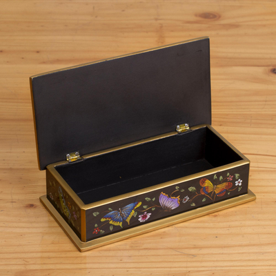 Reverse painted glass decorative box, 'Glorious Butterflies in Black' - Reverse Painted Glass Butterfly Decorative Box in Black