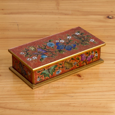 Reverse painted glass decorative box, Glorious Butterflies in Red