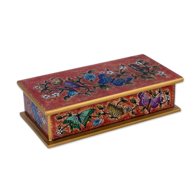 Caja decorativa de vidrio pintado al revés - Caja decorativa mariposa de cristal pintado al revés en rojo