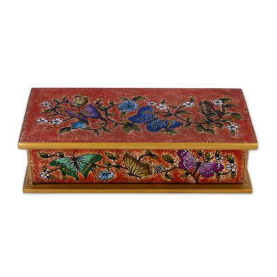 Reverse painted glass decorative box, 'Glorious Butterflies in Red' - Reverse Painted Glass Butterfly Decorative Box in Red