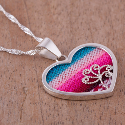 Sterling silver and fabric pendant necklace, 'Love from Peru' - Sterling Silver and Wool Blend Heart Necklace from Peru