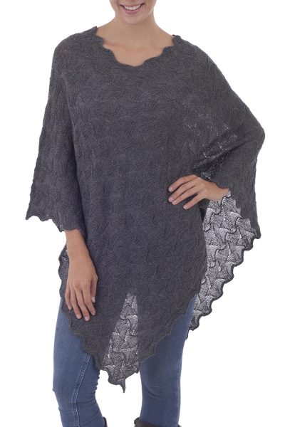 100% baby alpaca poncho, 'Scalloped Graphite' - Graphite Grey Women's 100% Baby Alpaca Poncho