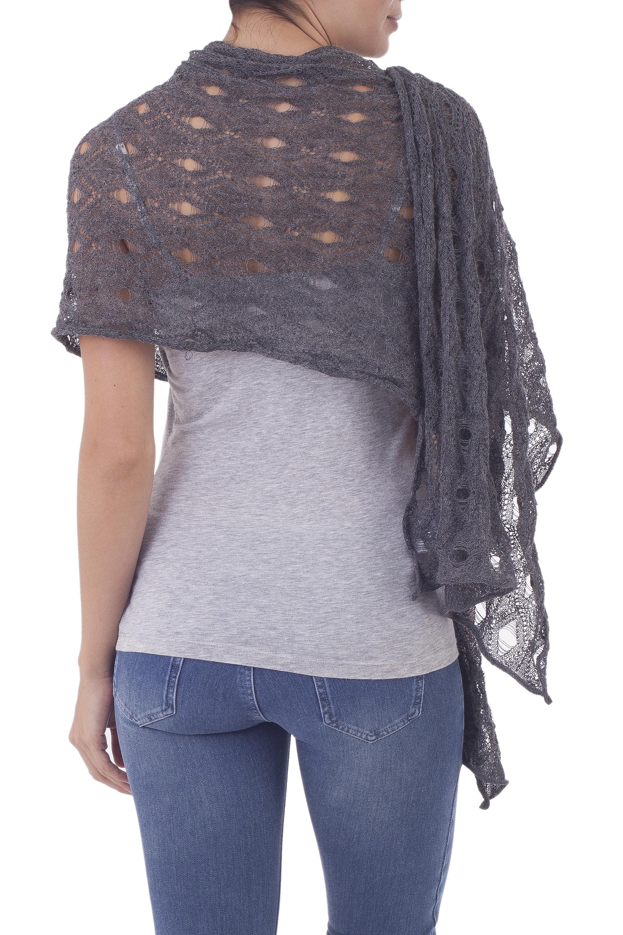 100% Baby Alpaca Knit Shawl in Graphite from Peru - Breezy Skies in ...