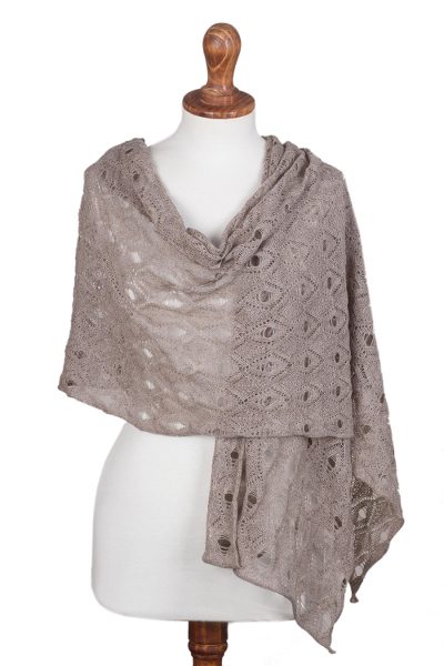 100% baby alpaca shawl, 'Breezy Skies in Taupe' - 100% Baby Alpaca Knit Shawl in Taupe from Peru