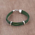 Green Leather and Silver Wristband Bracelet from Bali, 'Enchanted Valley'