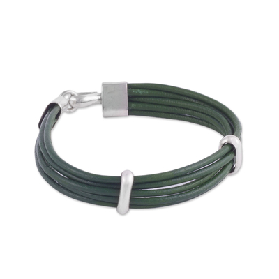 Leather wristband bracelet, 'Enchanted Valley' - Green Leather and Silver Wristband Bracelet from Bali